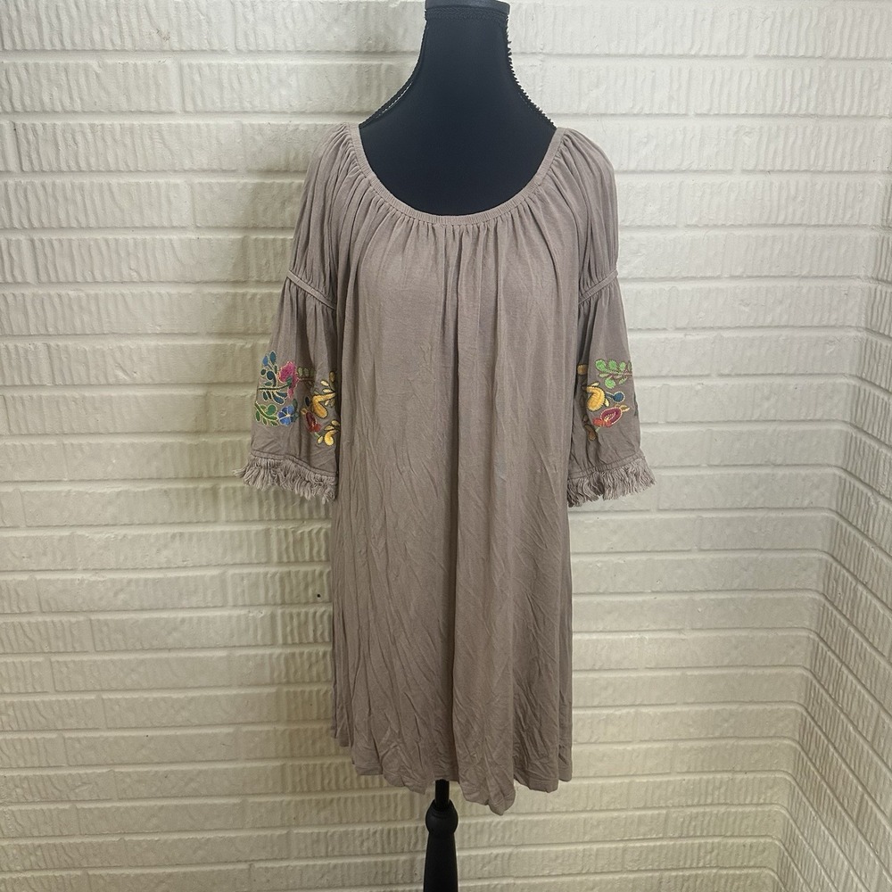 Origami By Vivian Embroidered Floral Dress Sz L Beige Raw Hem Off Shoulder